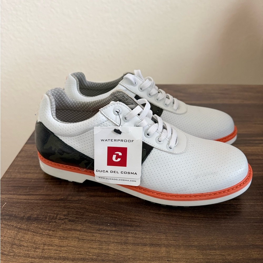 Duca Del Cosma Men’s White Waterproof Athletic Shoes with Orange Accent